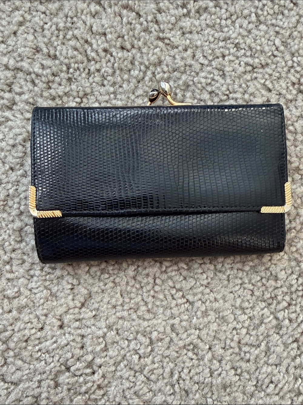 Judith Leiber Black Lizard-Texture Wallet with Gold Accents